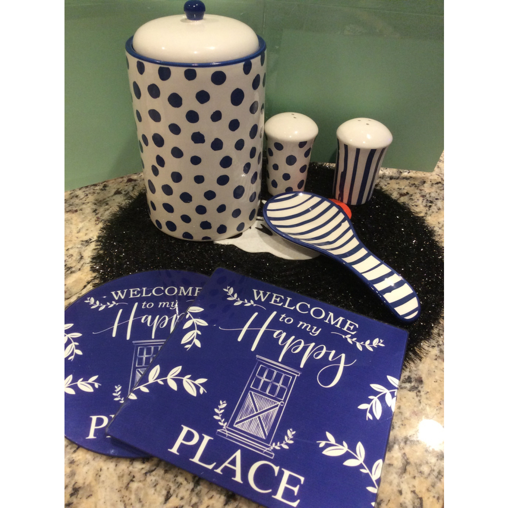 Unbranded White Blue Polka Dot Stripe Kitchen Decor Set One Size